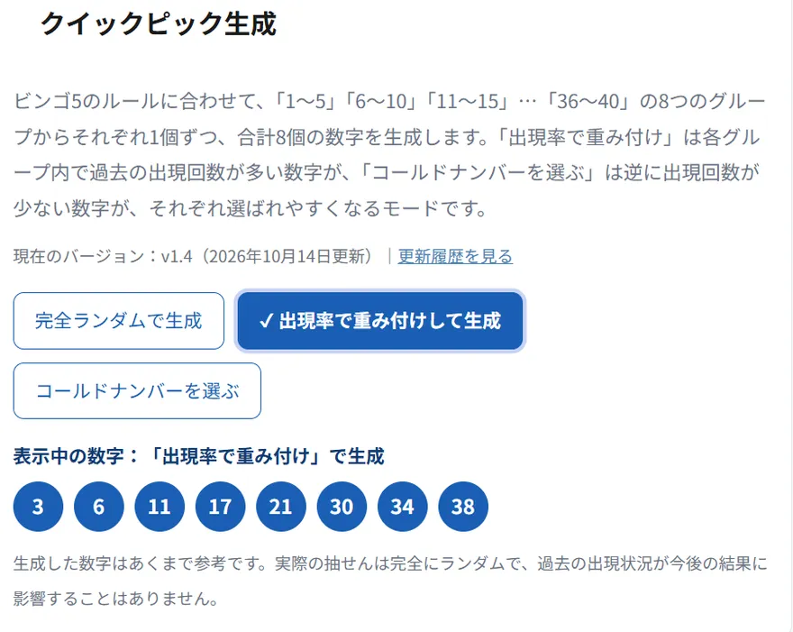 予想サポートのクイックピック生成画面。現在のバージョンv1.4(2026年10月14日更新)、出現率で重み付けのボタンが選択された状態で、生成された数字は3・6・11・17・21・30・34・38
